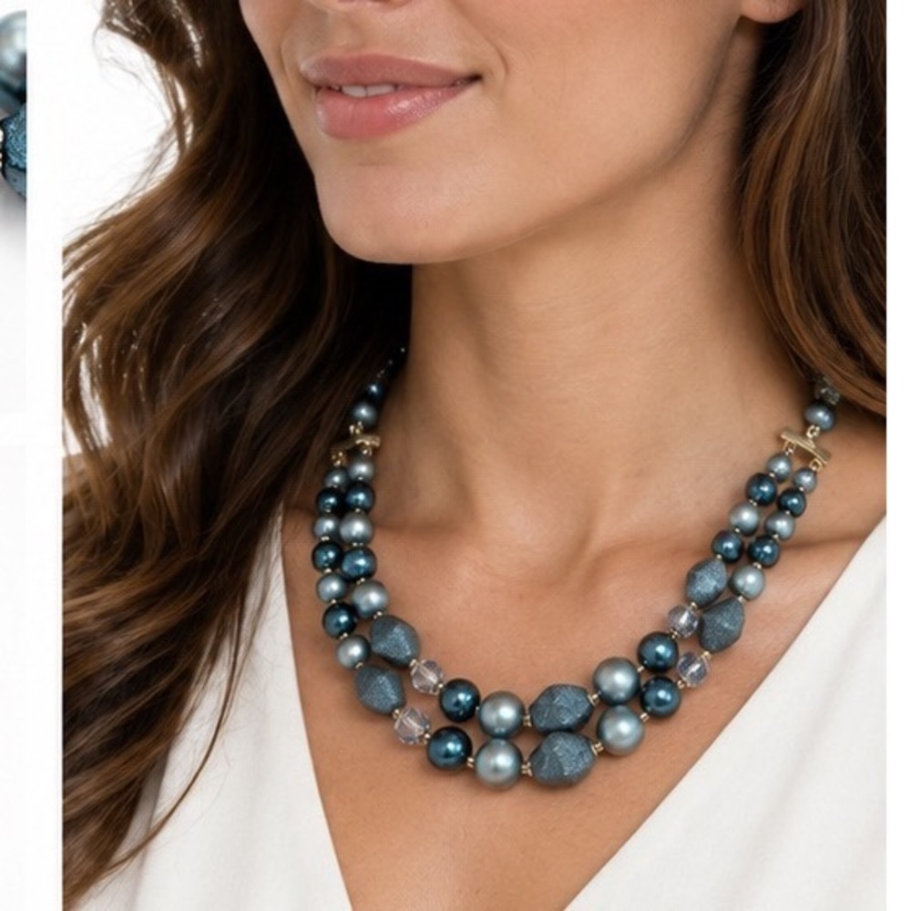 Double Strand Teal Blue Faux Pearl Statement Necklace Gold Tone Hook Clasp